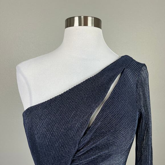 Betsy & Adam Metallic One Shoulder Midi Sheath Cocktail Party Dress Blue Size 6 - Picture 7 of 11
